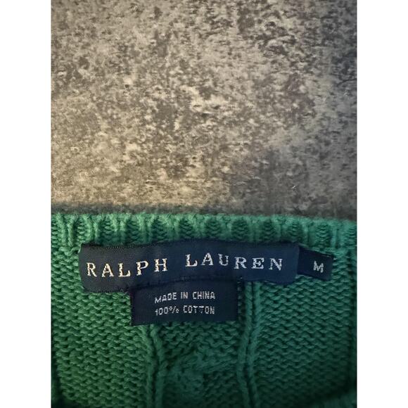 Ralph Lauren Sweater Womens Medium Green Cable Knit Crewneck Pink Pony Buttons - Picture 4 of 8
